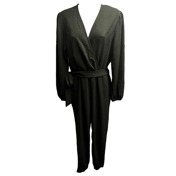 Prettygarden Jumpsuit Size S Black V-Neck Long Sleeve Belted Keyhole Chic Modern - Picture 2 of 16
